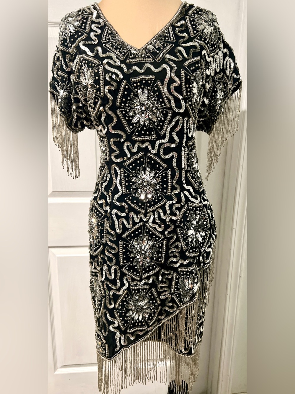 Vintage Fringe Sequin Beaded Gatsby Flapper Evening Party Formal Cocktail Dress